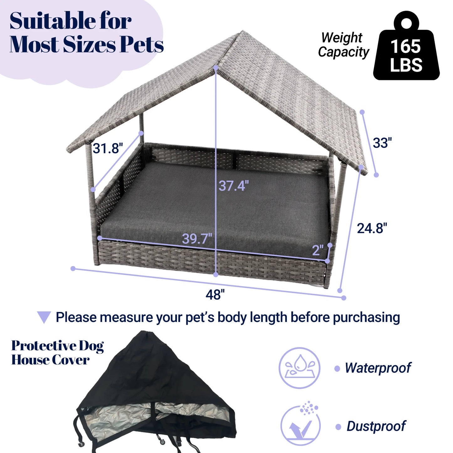 Elevated Wicker Dog House With Canopy Outdoor Water Resistant Cushion