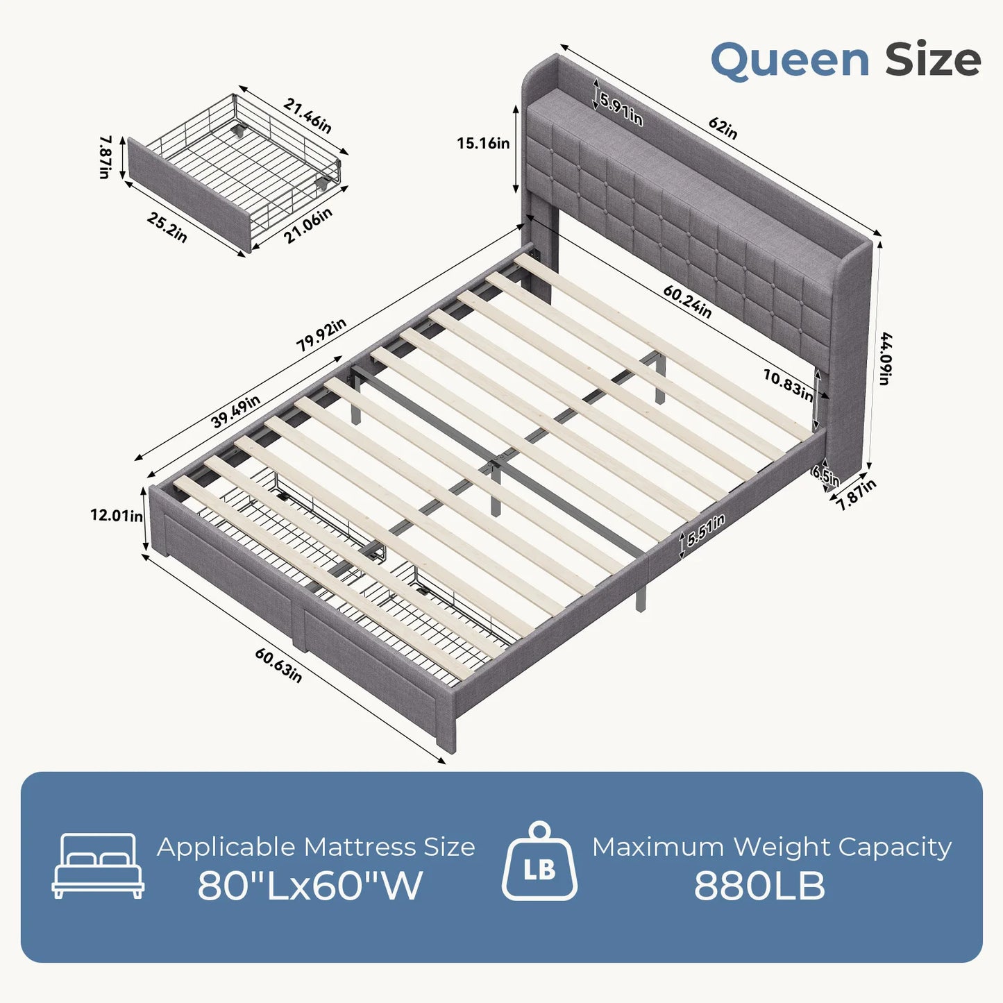 JHK Wood Bed Frame with 2 Storage Drawers Fabric Headboard Upholstered Platform Bed Frame Wooden Slats Support 1323 lbs Weight Capacity No Box Spring Needed Easy Assembly
