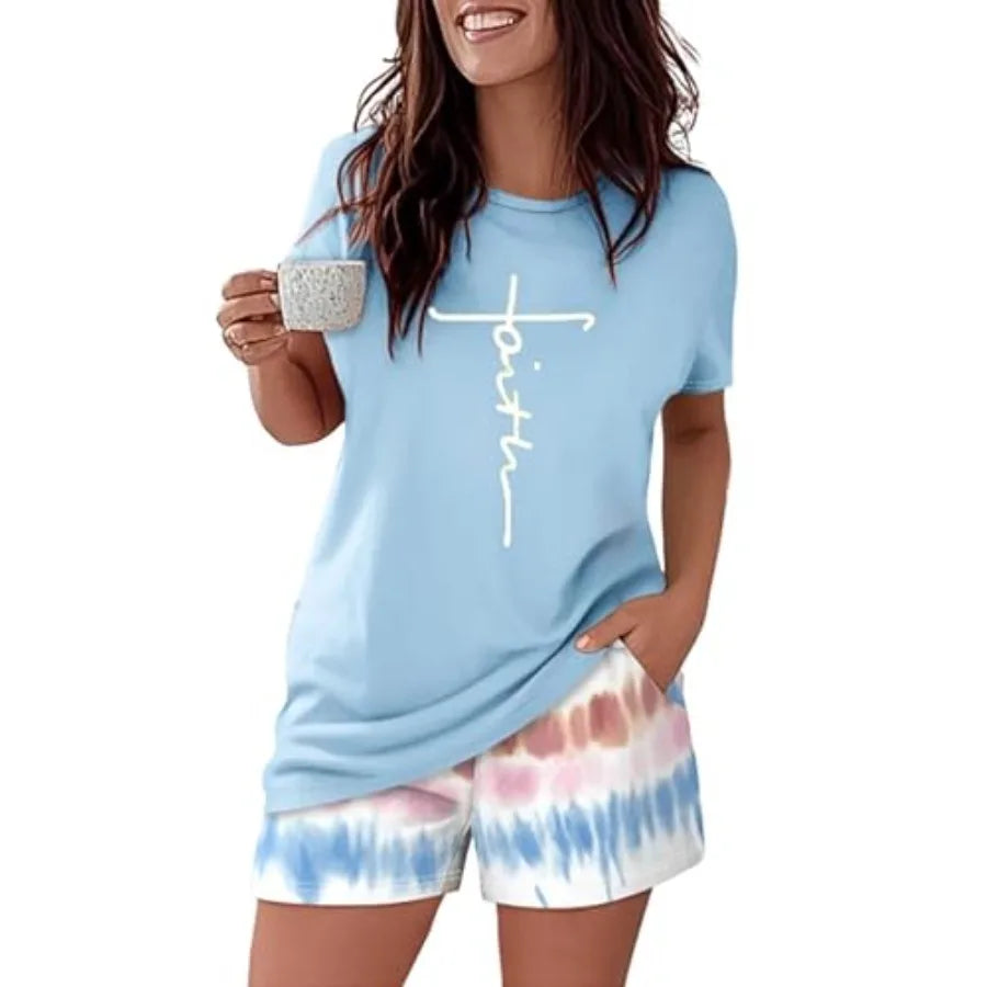 CHICME Pajamas Set for Women 2 Pcs Pjs Lounge Set Soft Short Sleeve Tops and Sleep Shorts with Pocket