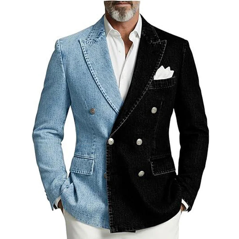 Denim Men's Suit Jacket Double Breasted Peak Lapel Slim Fit Casual Blazer Outing Date Night Trendy Party Fashion Costume Homme