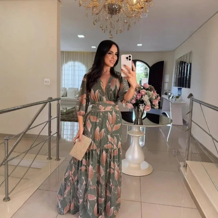 2026 European and American women's clothing summer new style V-neck fashionable elegant printed long dress for women