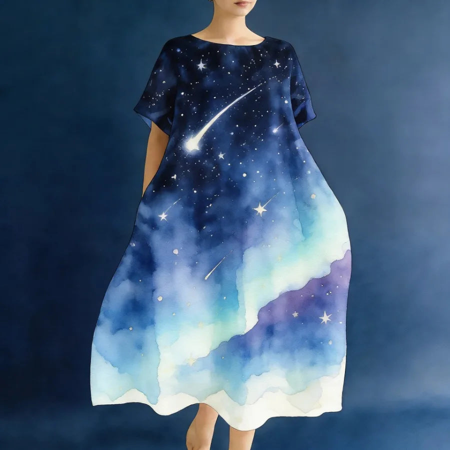2026 European and American vacation style hit watercolor flower print dress loose mid-length dress