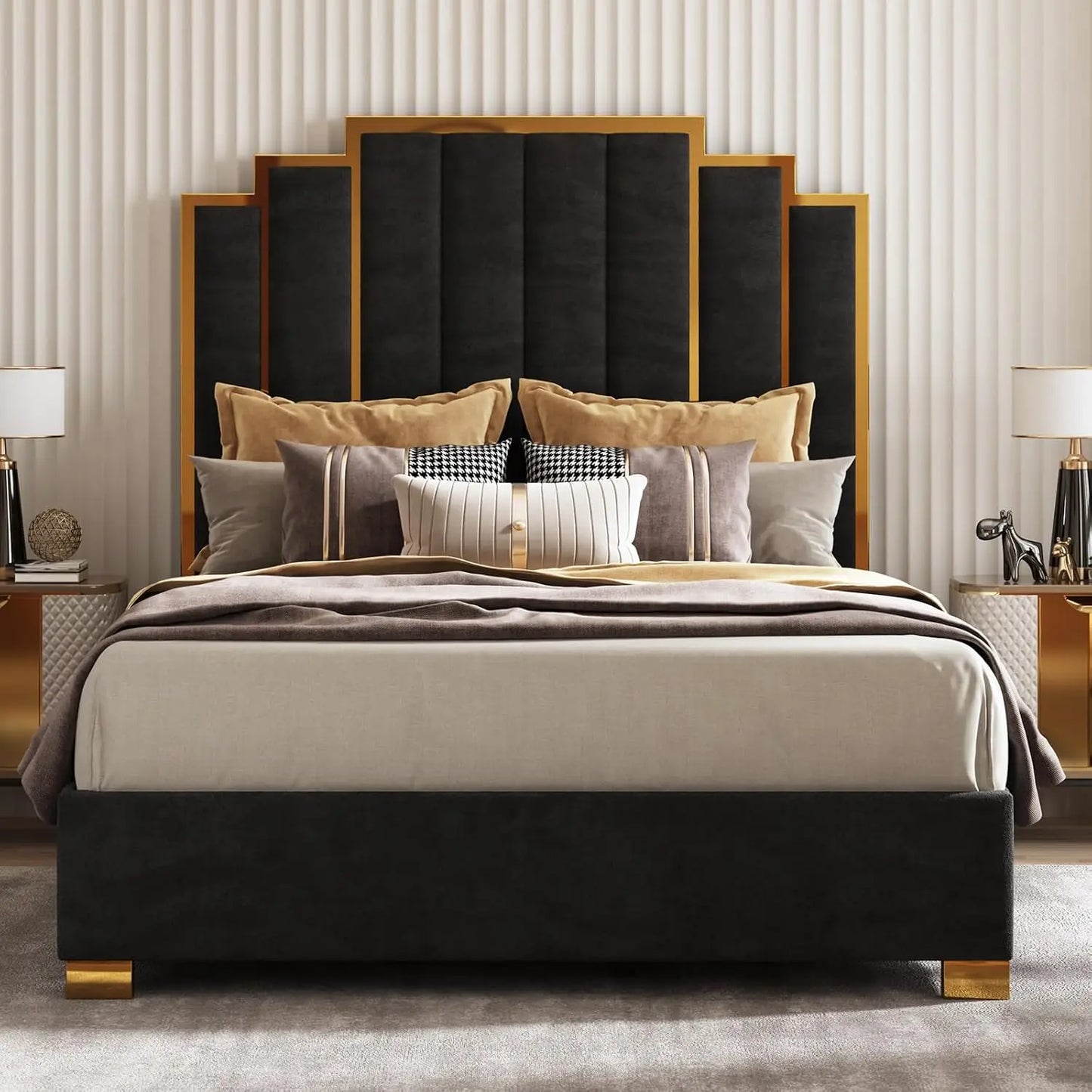 Queen Size Upholstered Bed, Modern Velvet Bed Frame with 61.4” Tall Gold Trim Headboard, No Box Spring Needed, Cream, Customized