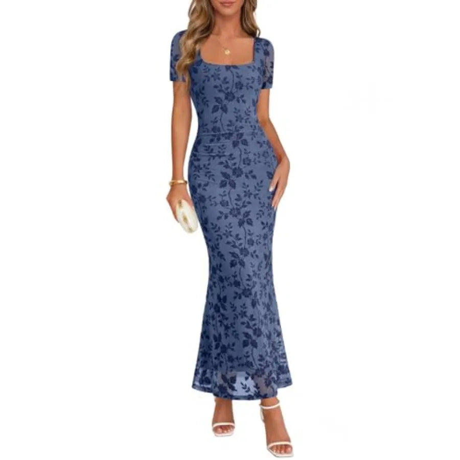 MEROKEETY Women Summer Floral Wedding Guest Maxi Dress 2026 Short Sleeve Square Neck Mesh Bodycon Cocktail Party Long Dresses