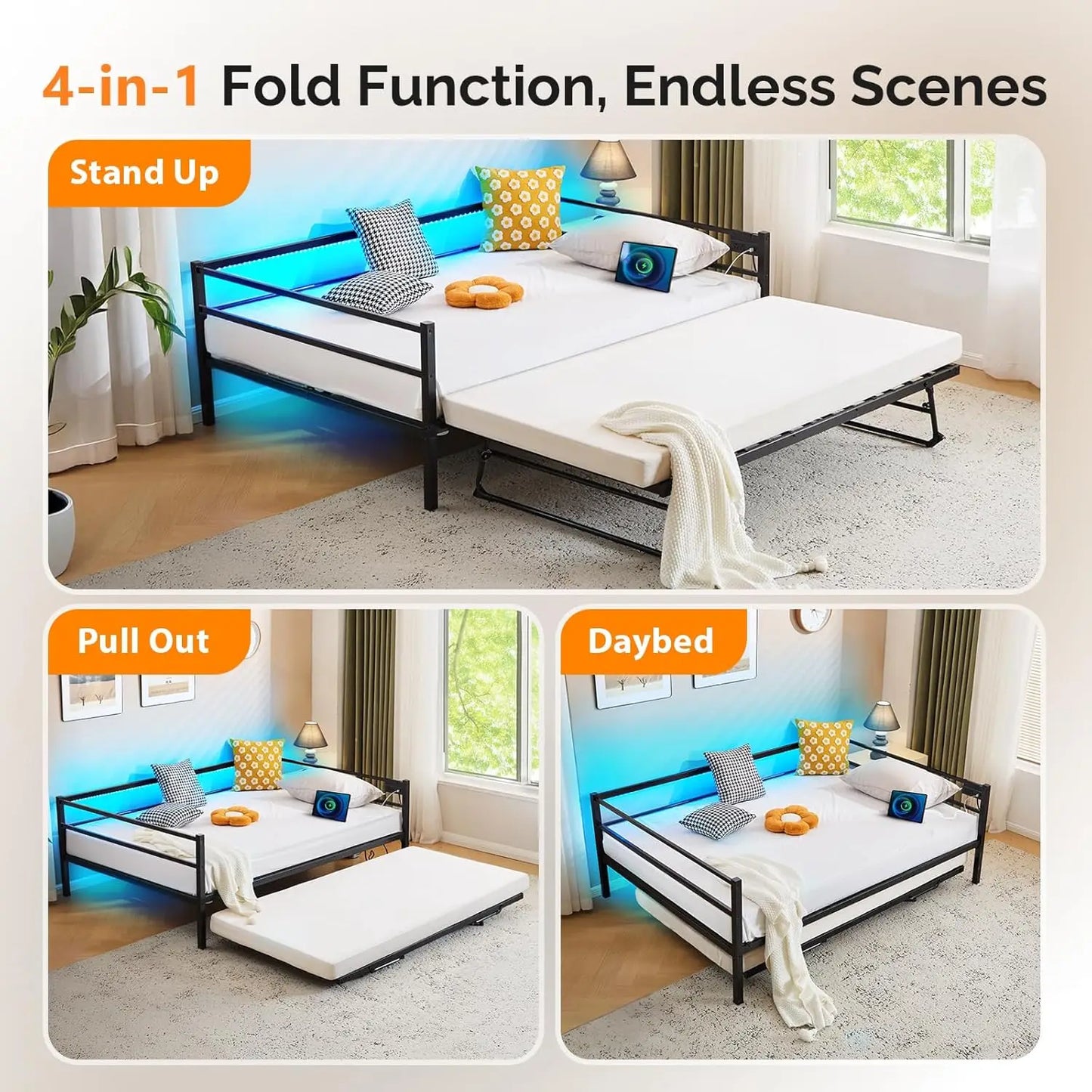 Metal Twin Daybed with Pop Up Trundle Bed, Day Bed Frame with Charging Station and LED Lights for Living Room Guest, Customized