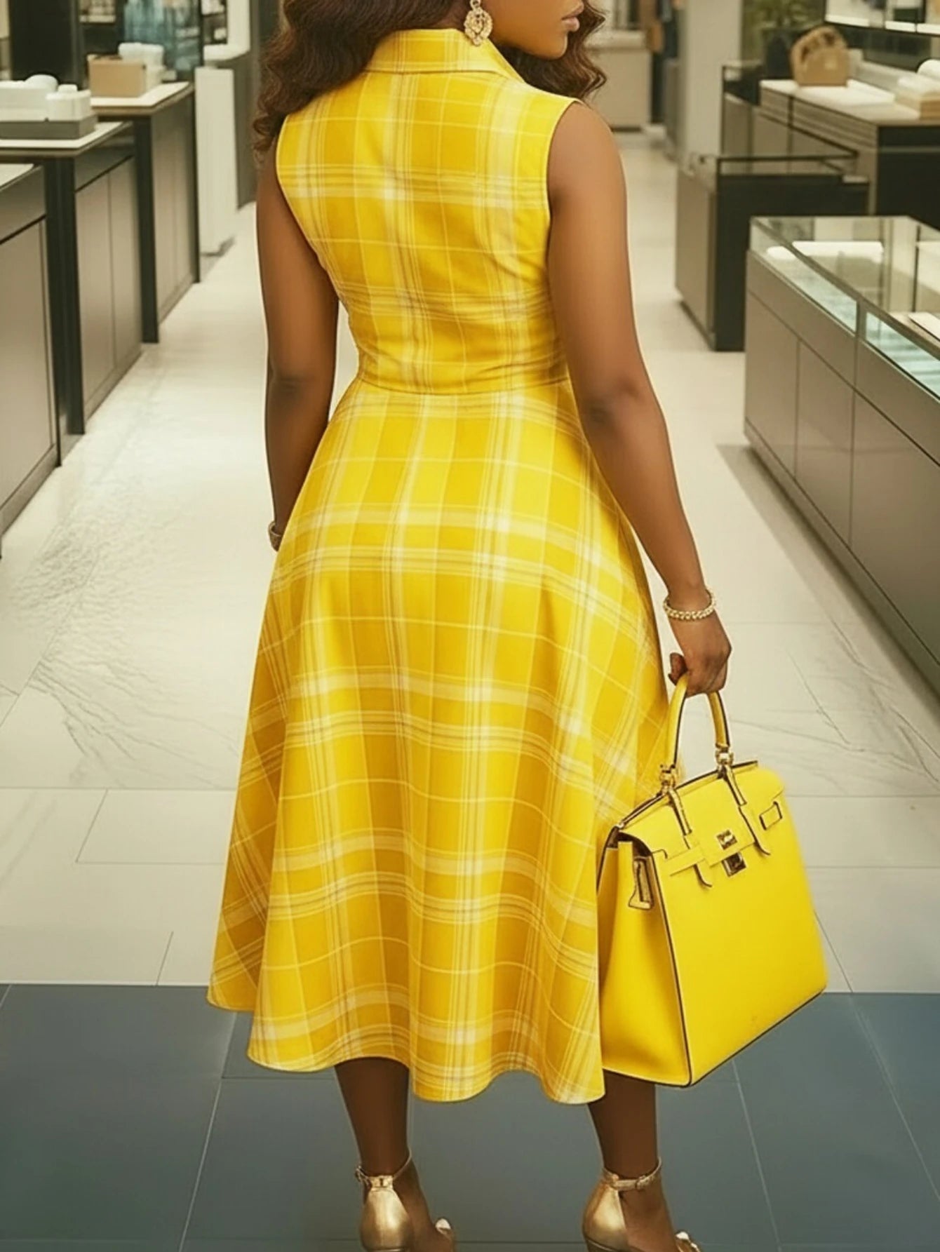 Women Lapel Collar Sleeveless Plaid Print Midi Dress For Shopping Mall Casual Daily And Weekend Vacation Occasion