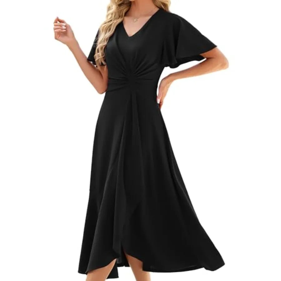 QMZ Wedding Guest Dresses for Women Have Pockets Cocktail Dress Ruffle Sleeve A Line Evening Party Formal Dresses for Women