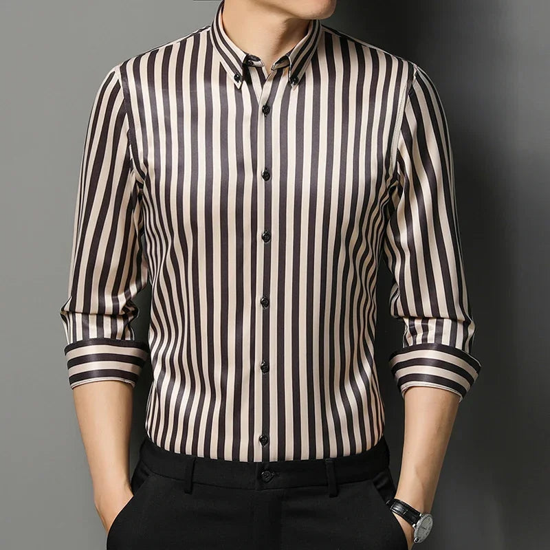 BROWON Brand 2026 Spring Business Shirt for Men Striped Turn-down Collar Dress Shirts Men Long Sleeve Tops Designer Clothes Man