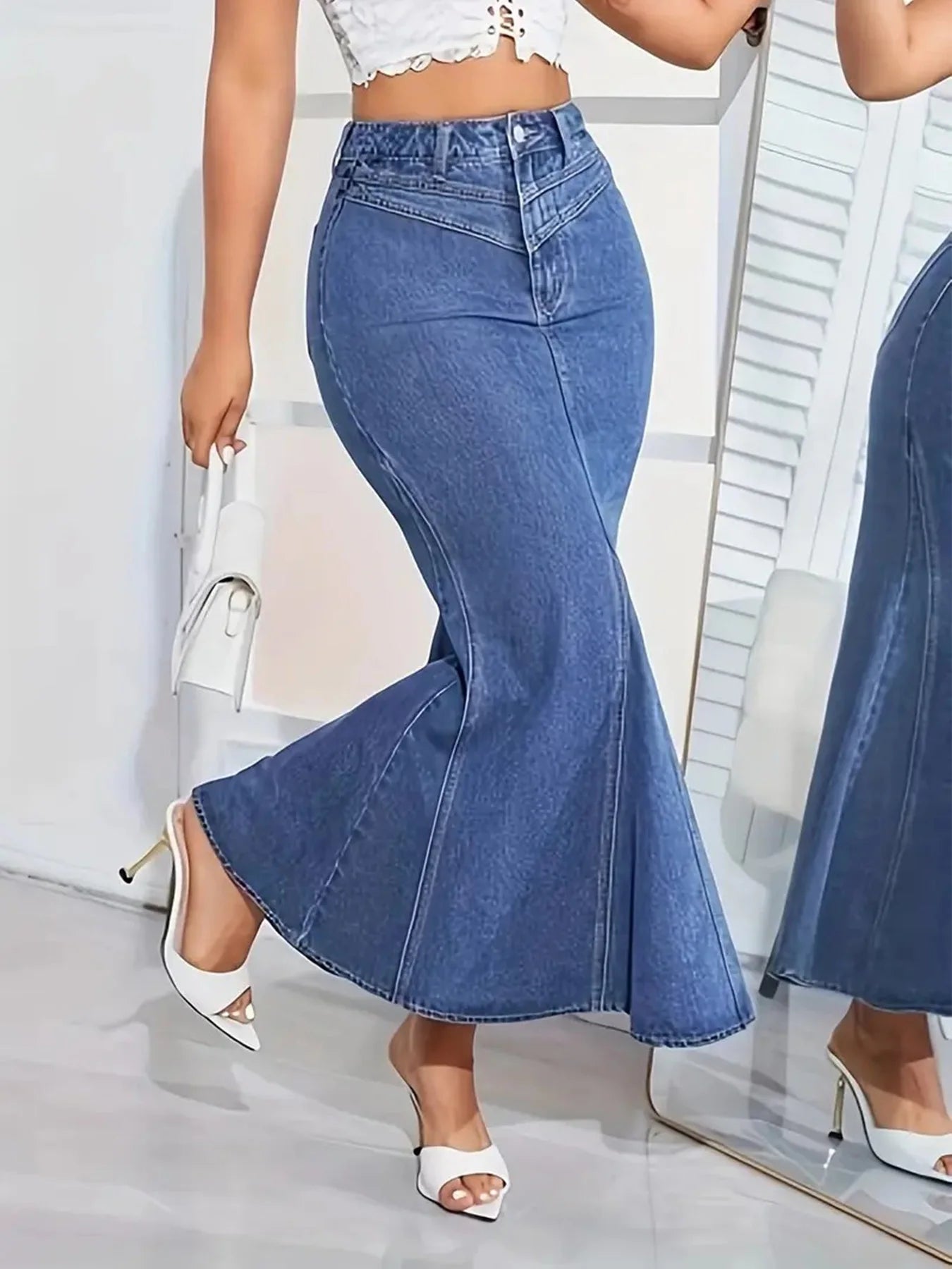 Ladies Retro Fashion Denim Fishtail Skirt, Slim Fit, Mid-Waist, Elastic, Stylish Denim Half Skirt