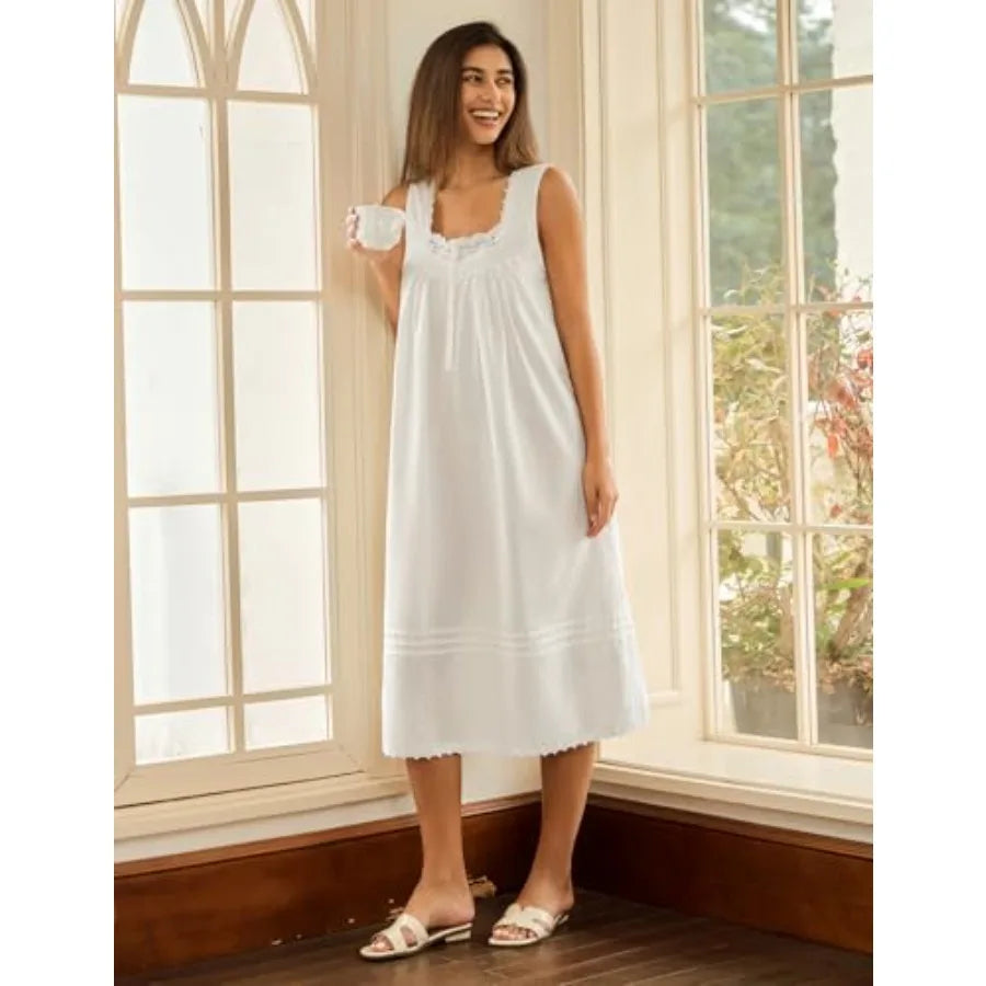 100% Cotton Nightgowns for Women Soft Sleeveless Night Gown Long Sleepwear with Pockets, XS-5XL