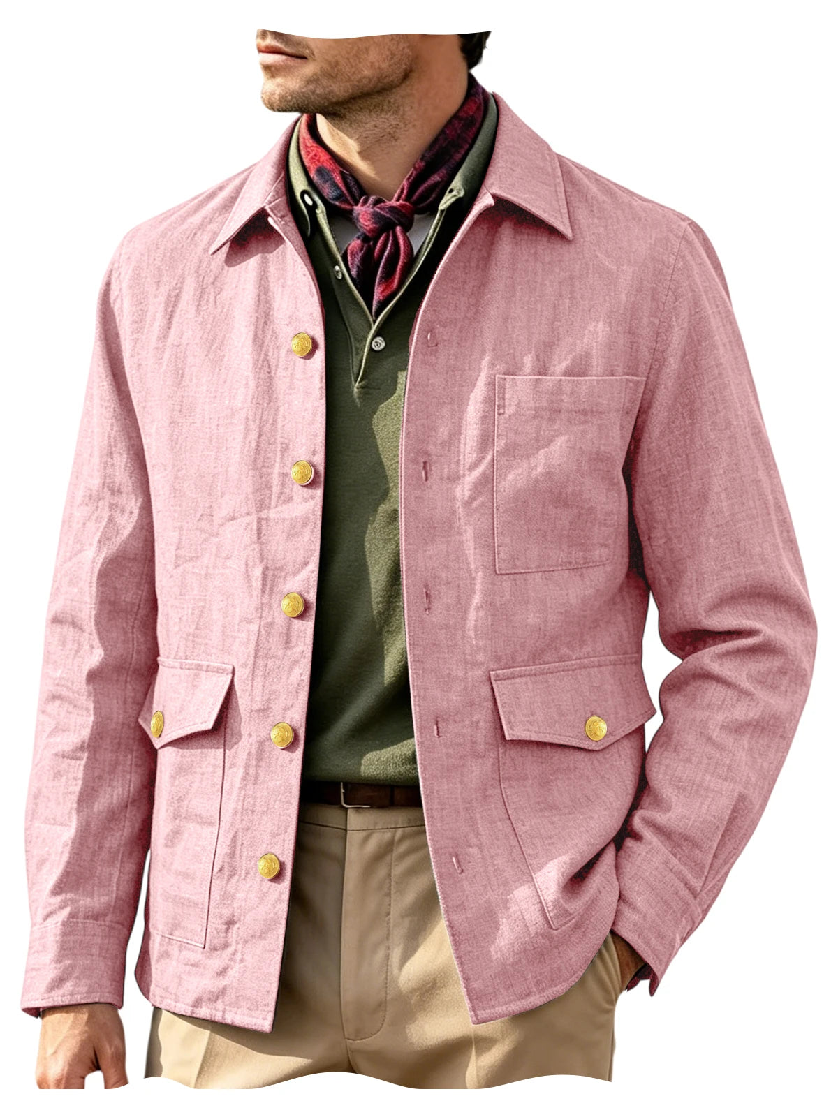 Mens Vintage Linen Jacket With Breathable Gold Button Lapel Design