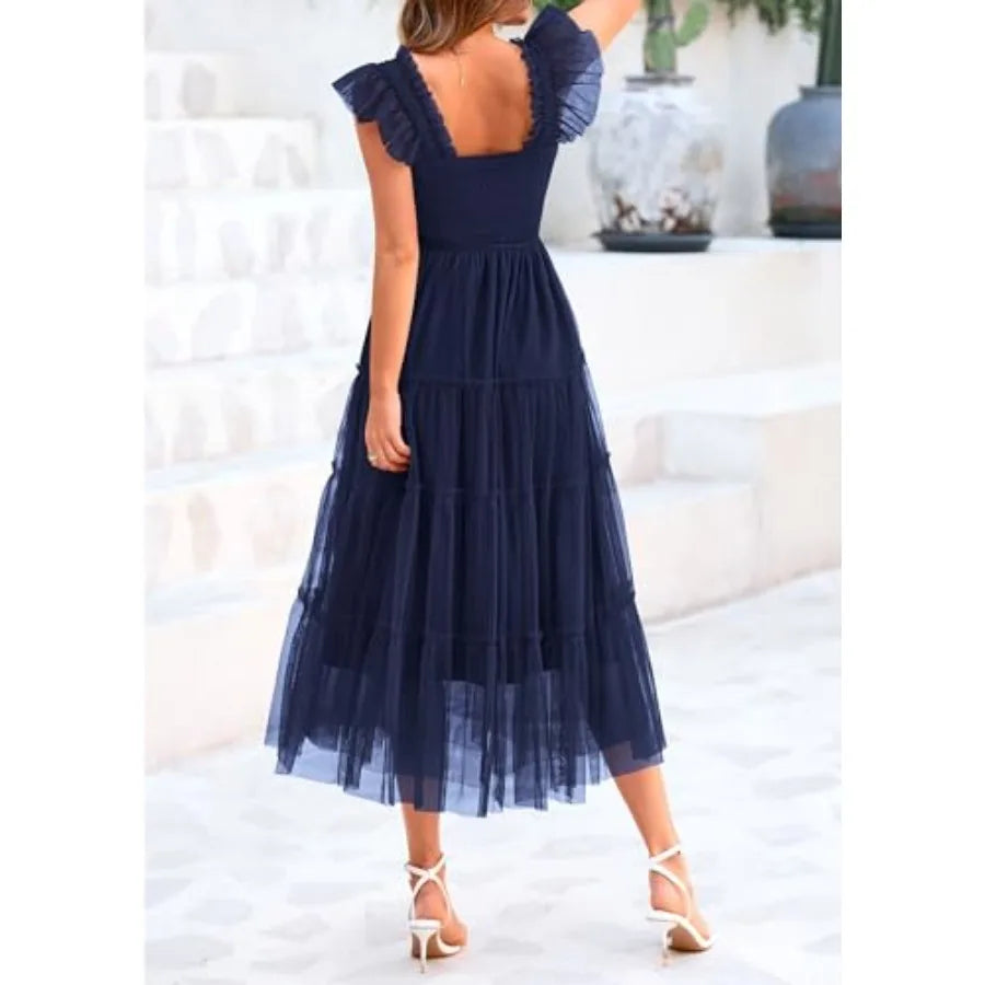 PRETTYGARDEN Women's Summer Tulle Midi Dress Sleeveless Smocked Ruffle Flowy Mesh Dresses Party Wedding Guest Sundress