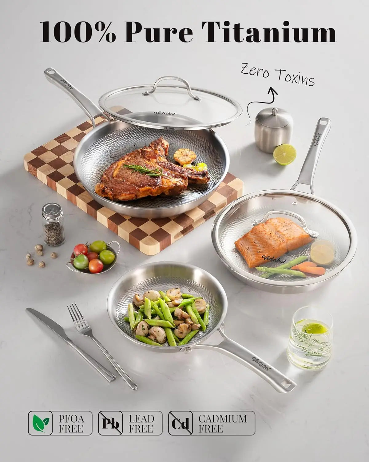 Titanium Hammered Pro Frying Pan With Lid Non Toxic PFAS Free Cookware