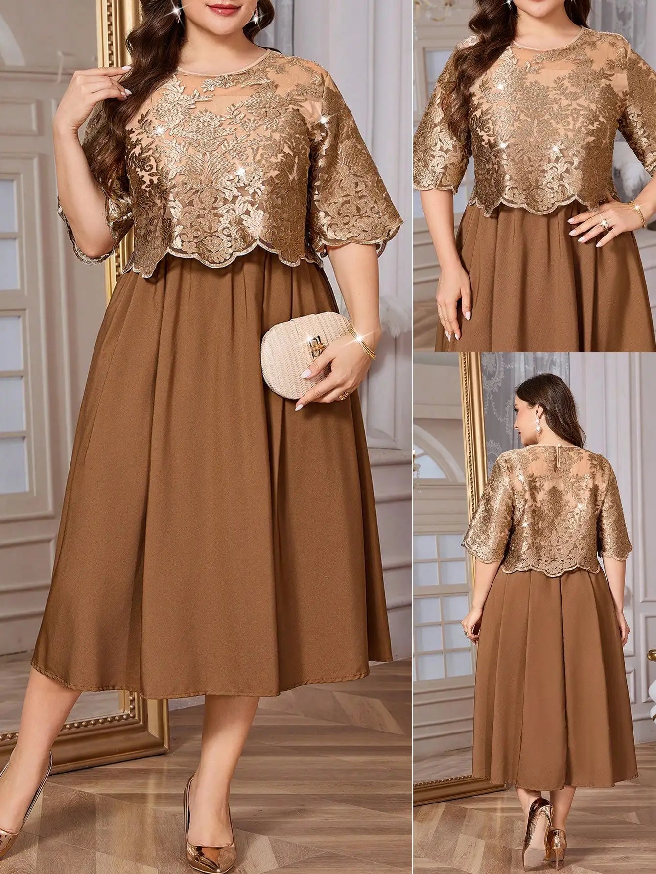 Plus Size Floral Embroidery Elegant Round Neck Midi Dress For Spring Summer