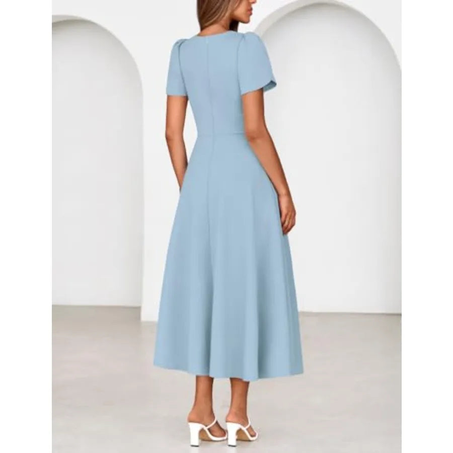 MEROKEETY Women's 2026 Summer Midi Dresses Short Sleeve Crewneck A Line Pleated Wedding Guest Flowy Long Dress with Pockets