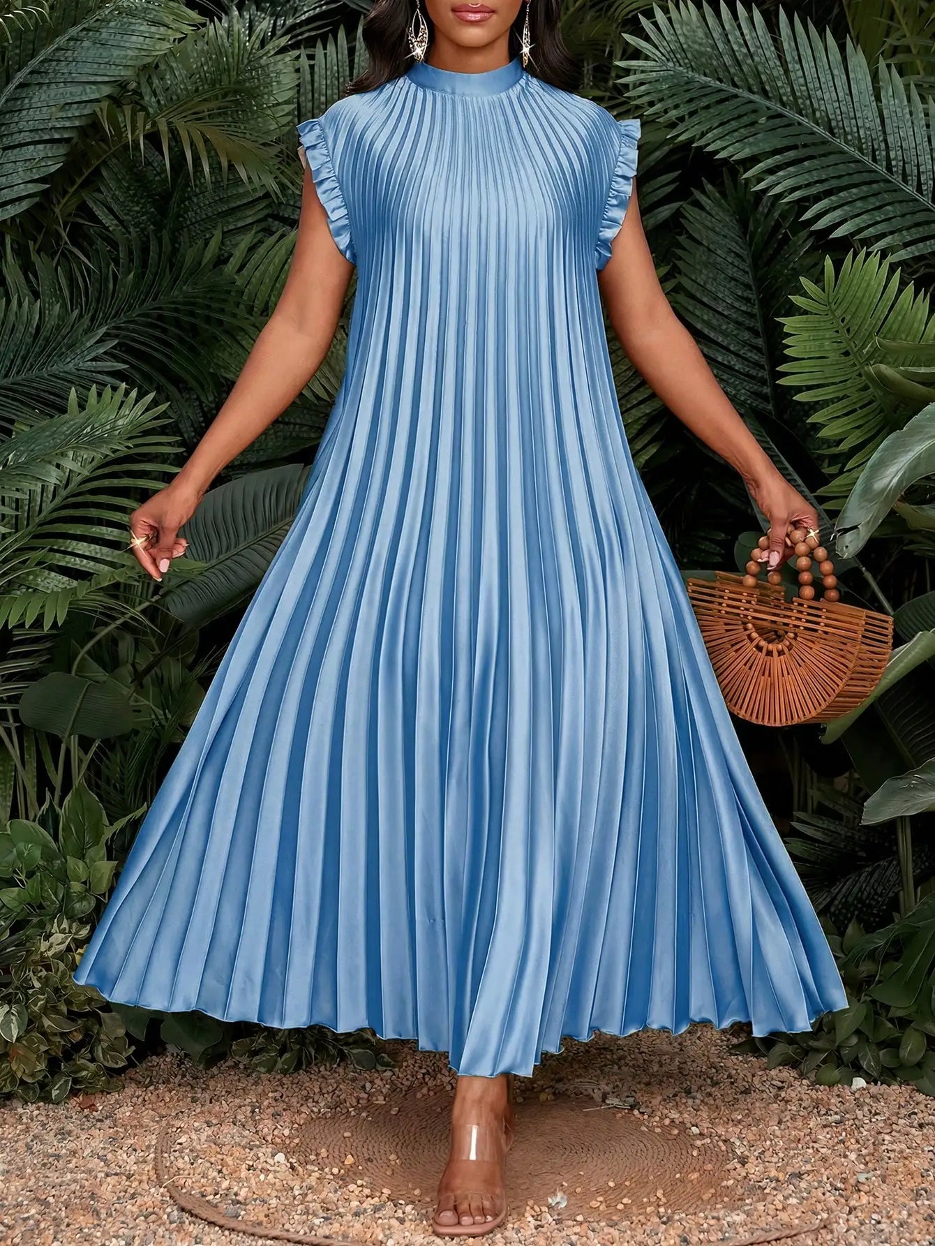 Pleated A-Line Maxi Dress With Stand Collar And Ruffle Cap Sleeves For Party Wedding Beach Event