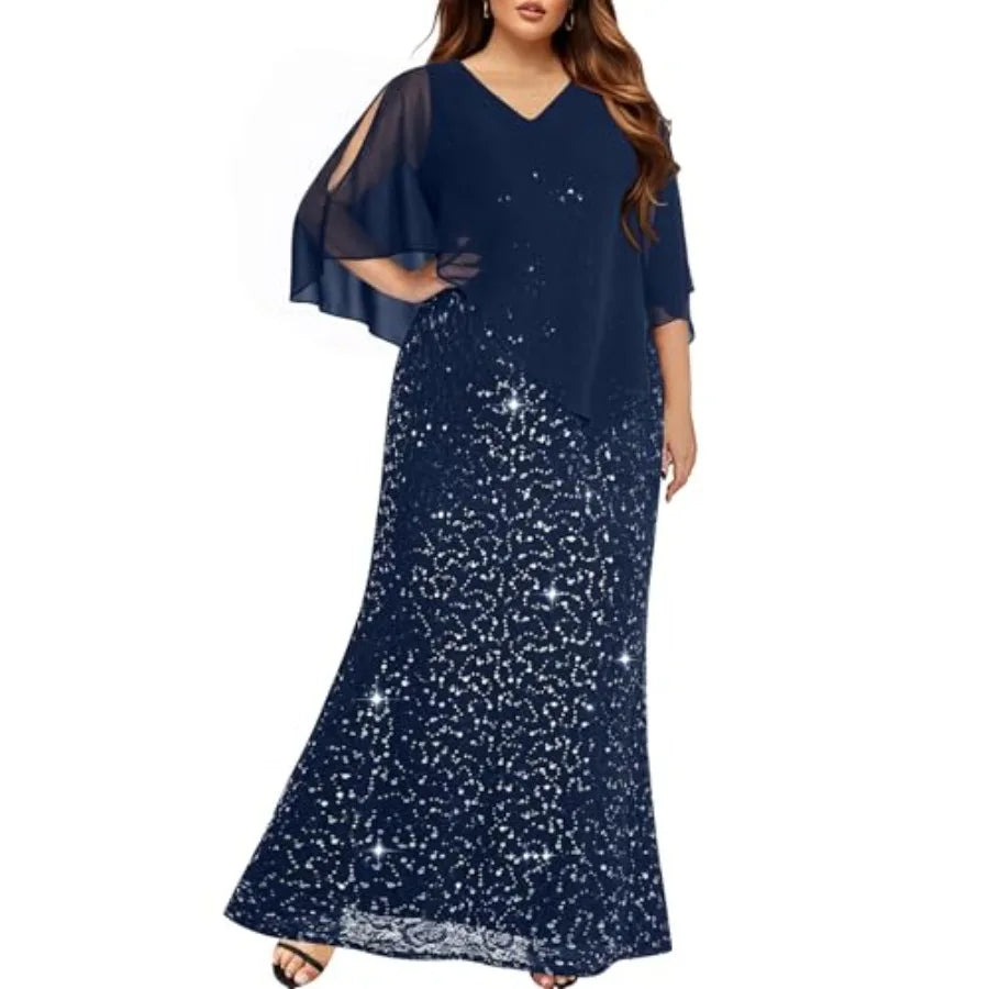 Plus Size Formal Dress - Evening Sequin Lace Long Mermaid Prom Dress with Chiffon Overlay Cape
