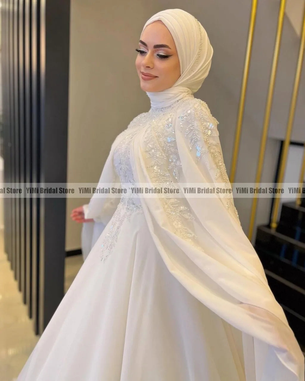 Muslim Wedding Dresses Hijab High Neck Long Sleeve A Line Bride Dress Chiffon Pearls Bridal Gown vestidos de novia Customized