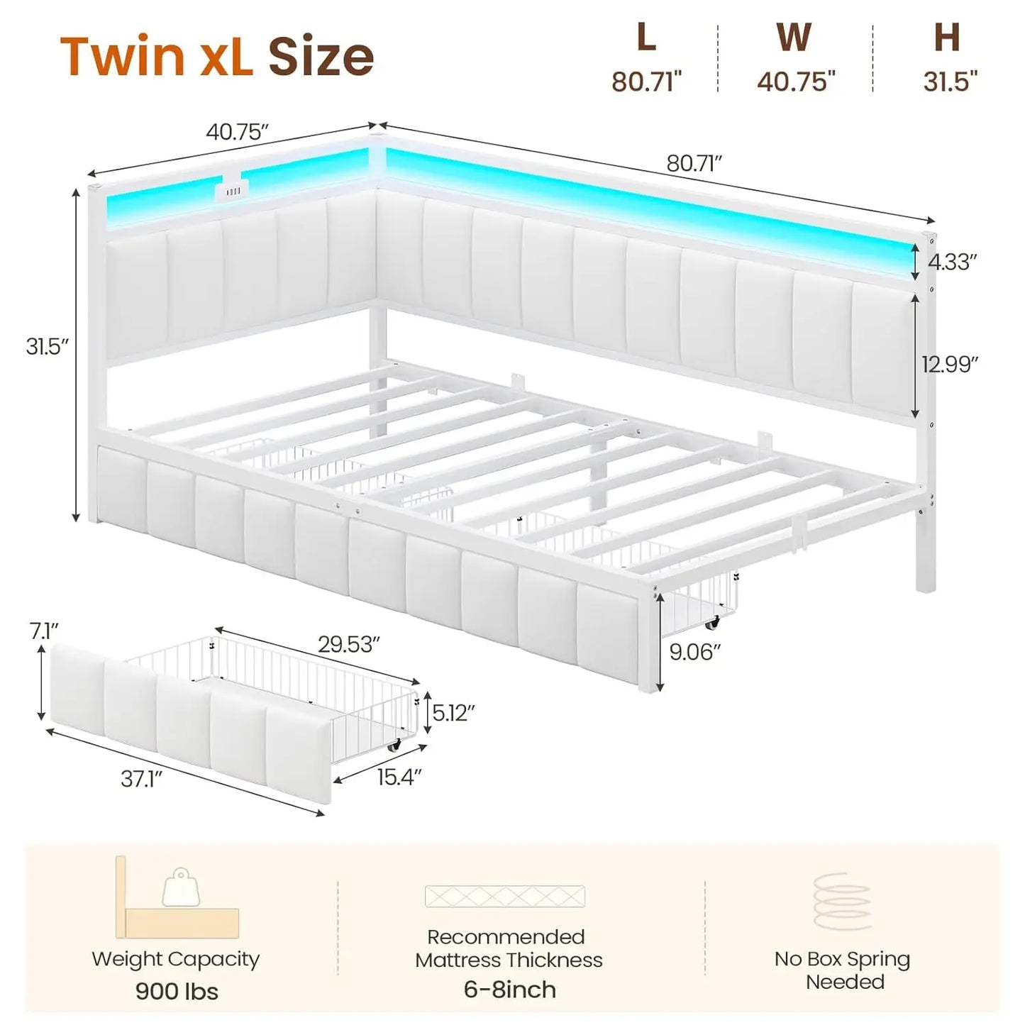 Corner Twin XL Bed Frame with 2 Storage Drawers & Charging Station Metal Platform Bed Frame Twin XL with Storage, Customized