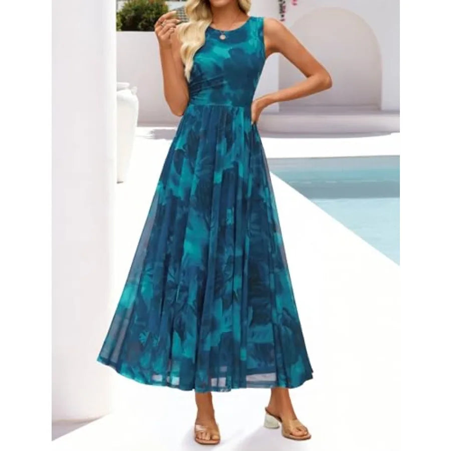 ZESICA Women's Summer Sleeveless Floral Maxi Dress 2026 Casual Crewneck Mesh A Line Flowy Boho Beach Party Long Dresses
