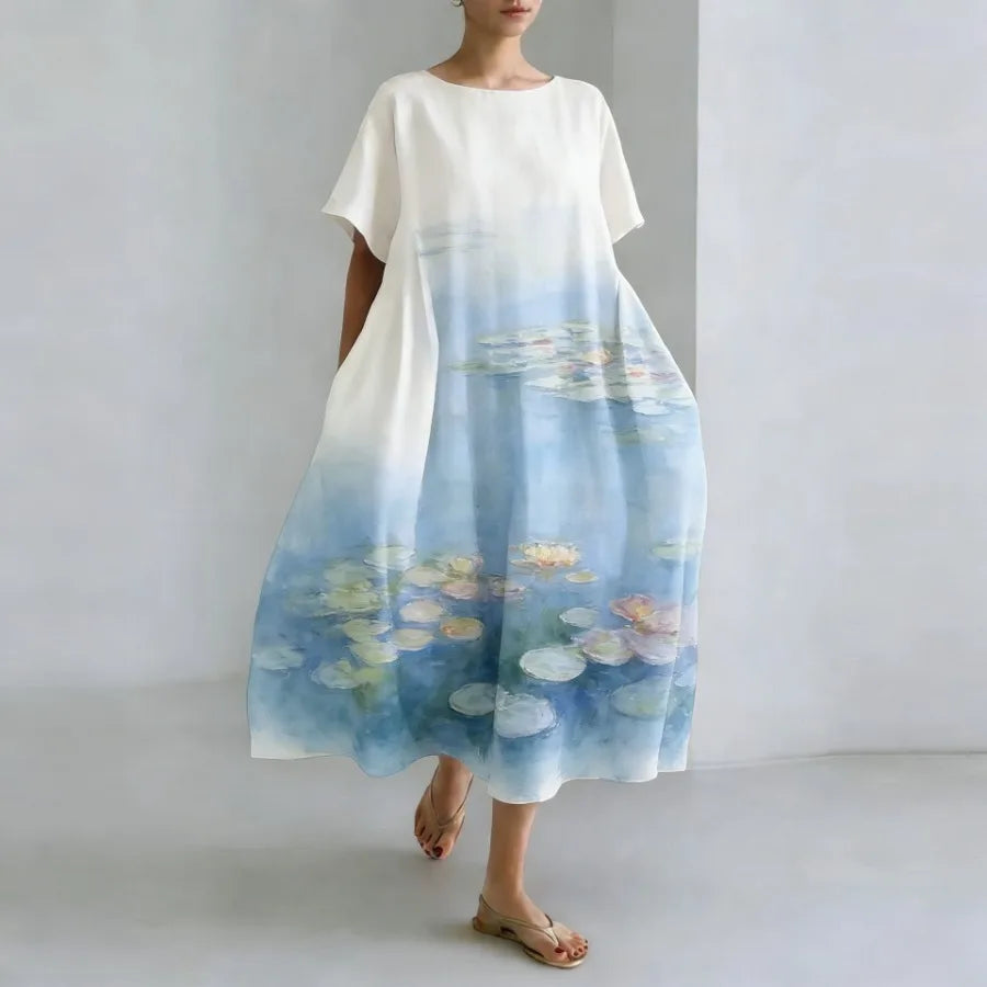 2026 European and American vacation style hit watercolor flower print dress loose mid-length dress