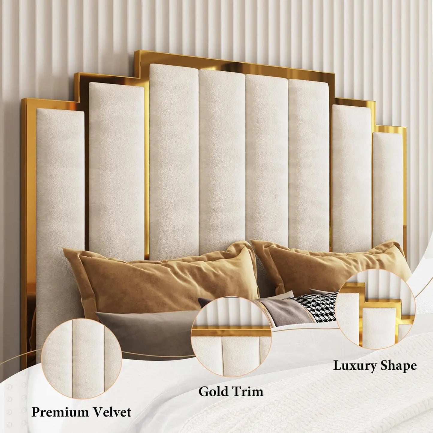 Queen Size Upholstered Bed, Modern Velvet Bed Frame with 61.4” Tall Gold Trim Headboard, No Box Spring Needed, Cream, Customized