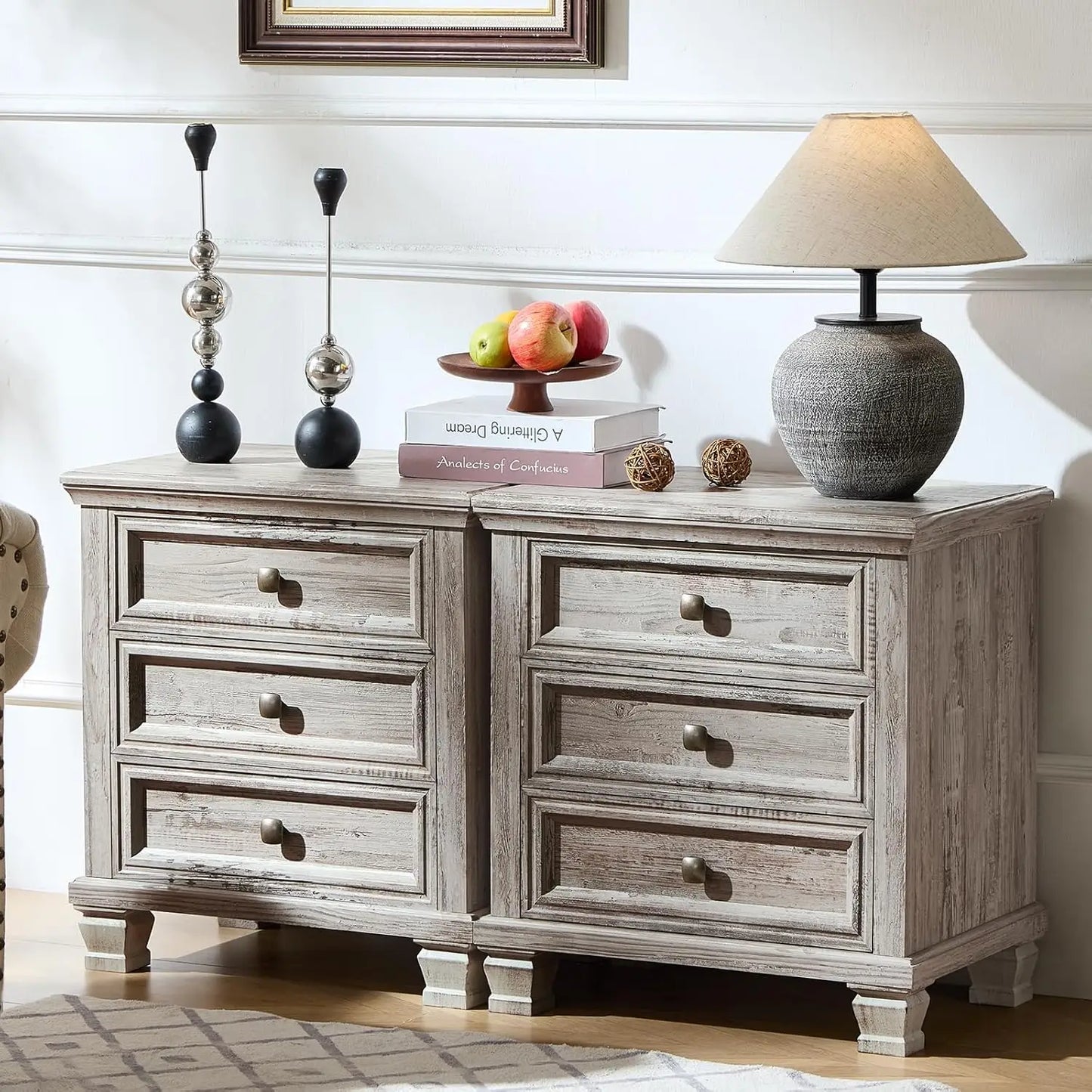 Farmhouse Nightstand Set of 2, Rustic Couch End Table with 3 Drawers & 4 Square Solid Wood Legs, Vintage Bed Side, Customized
