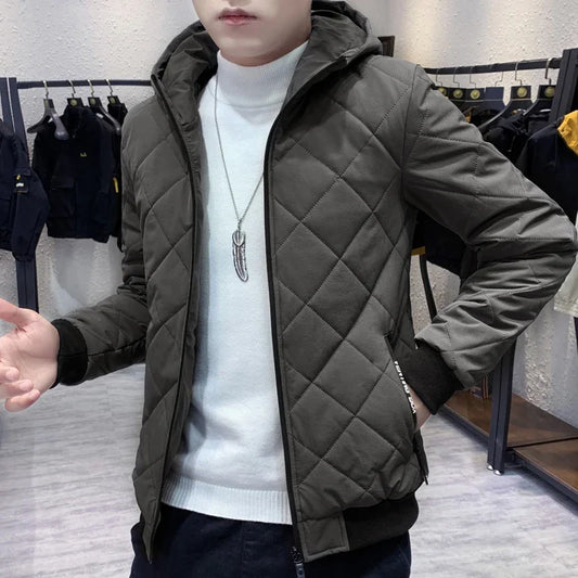 BROWON New Winter Jacket Men Thick Long Sleeve Argyle Hooded Cotton Men Jacket Oversized Plus Velvet Zipper Jacket Parkas Men