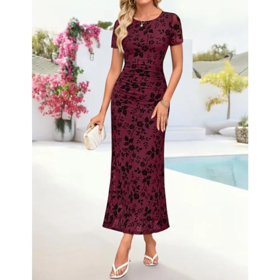 ZESICA Women's Summer Floral Bodycon Long Dress Ruched Mesh Beach Vacation Formal Cocktail Party Wedding Guest Maxi Dresses