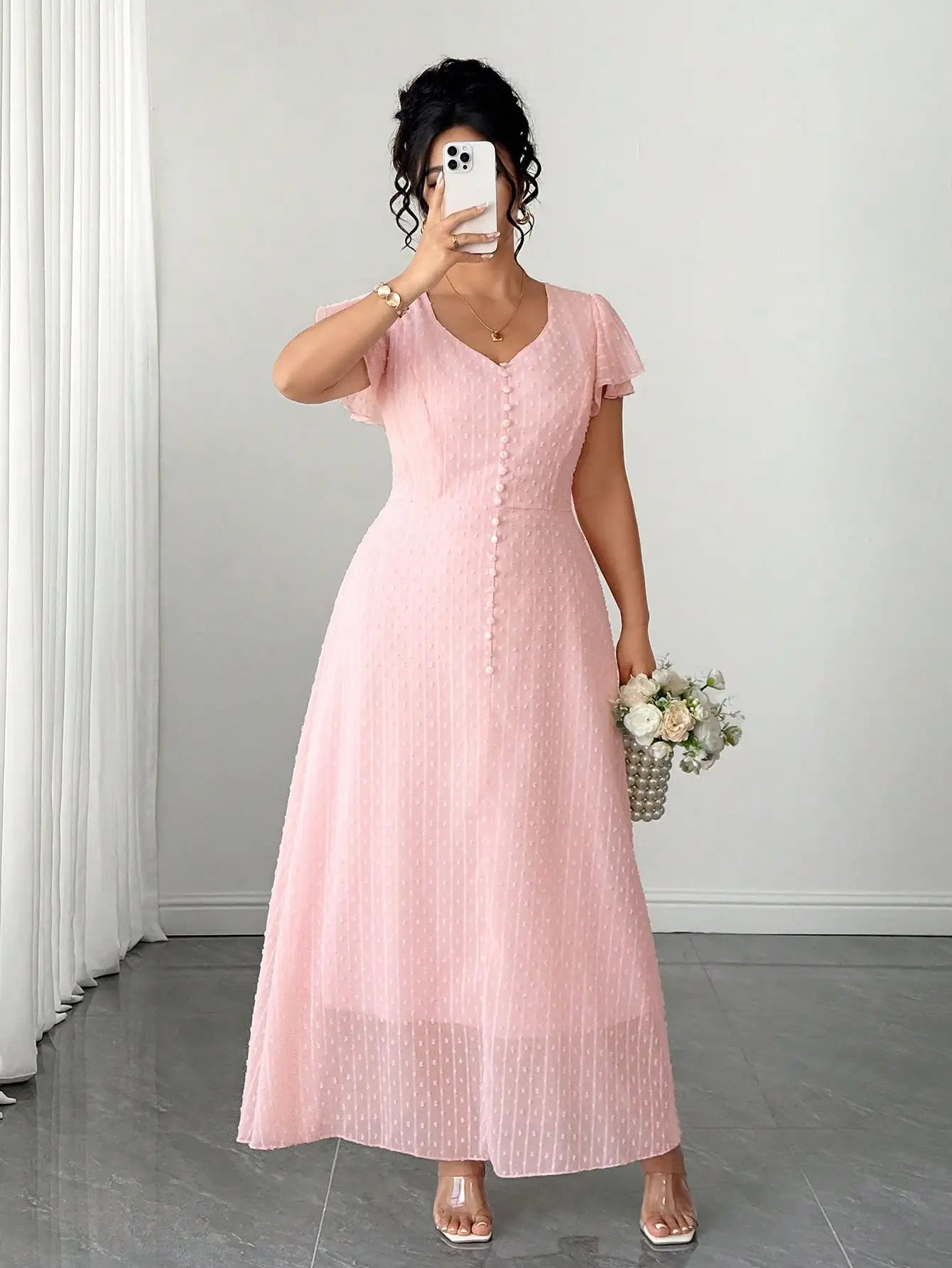 V-Neck Ruffle Sleeve A-Line Midi Dress For Women Spring Autumn