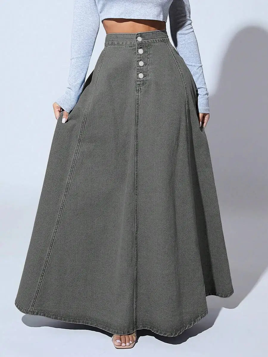 Front Button High-Waisted Denim Maxi Skirt for Women