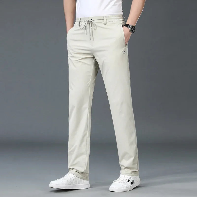 BROWON Black Pants Men 2026 Summer New Ice Silk Sports Casual Pants Thin Breathable Elastic Solid Color Mid Straight Trousers