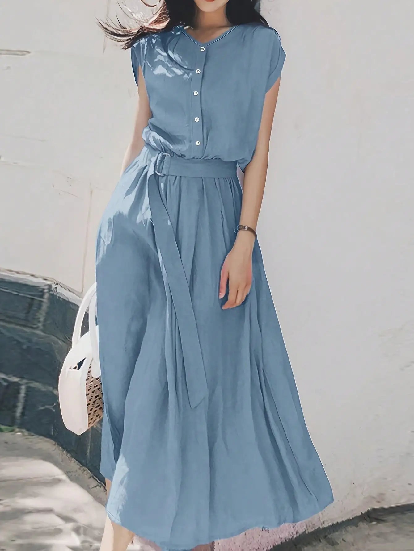 Women's Front Button Short Sleeve Waisted Midi Dress Elegant Summer