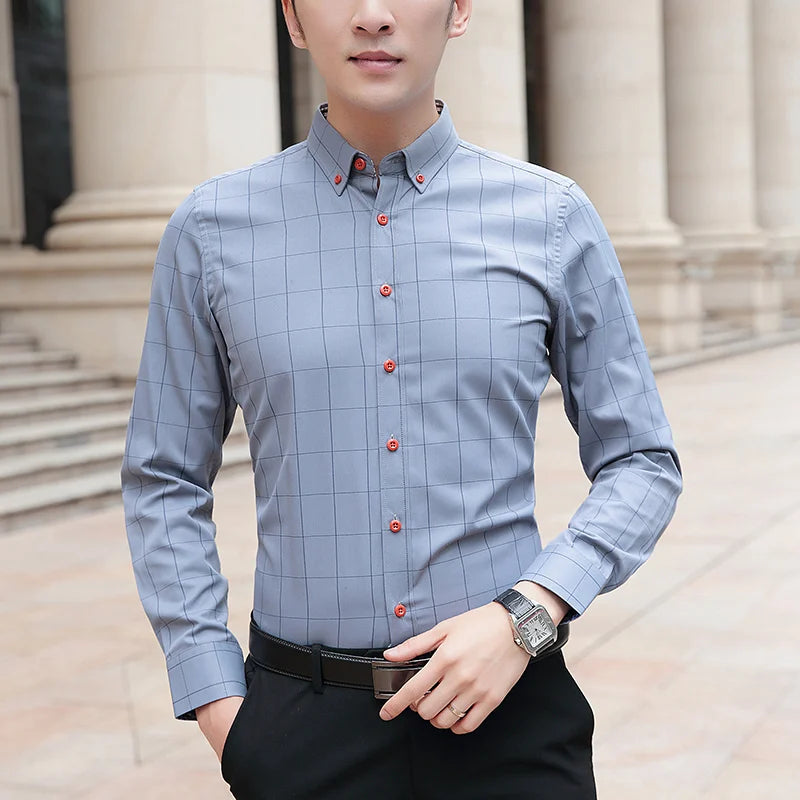 BROWON Brand Shirts Men Long Sleeve Turn-down Collar Plaid Pattern Men's Shirt Smart Casual Business Shirt Plus Size M - 5XL