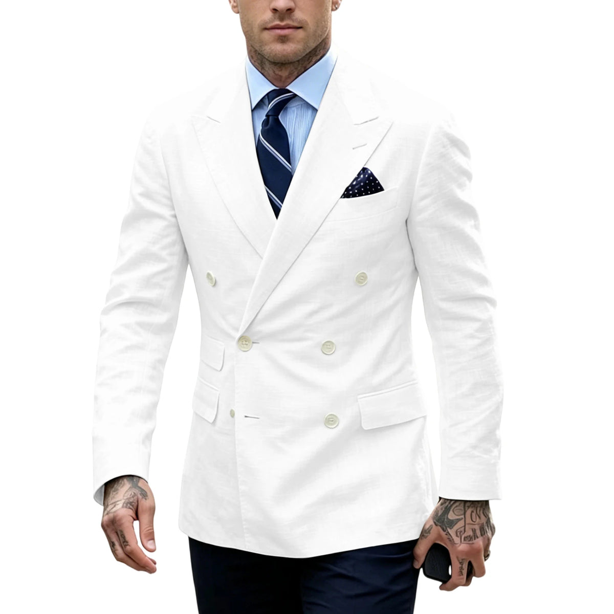 Men's Double Breasted Blazer Slim Fit Linen Suit Jacket Formal Business Casual Tuxedo for Wedding Prom Office Party Daily Wear