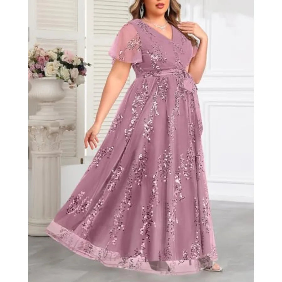 Pinup Fashion Plus Size Formal Dresses - Wedding Guest Evening Gowns Sequin Embroidery V-Neck Maxi Dress