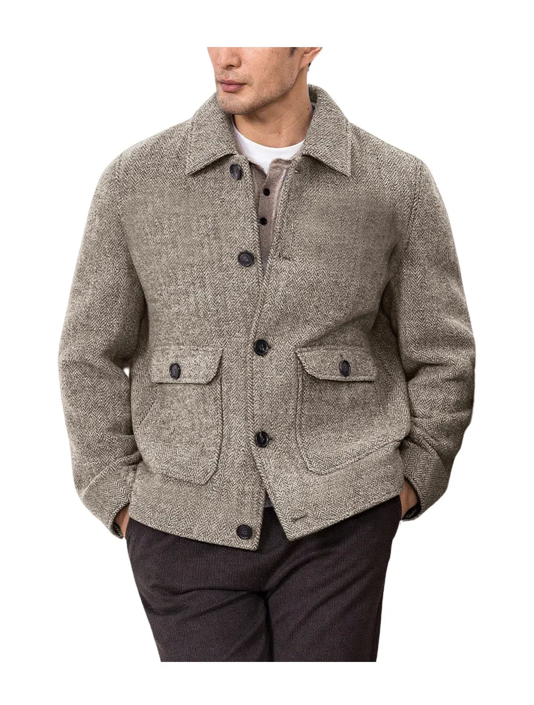 Men Vintage Herringbone Short Lapel Button Jacket Casual Outerwear For Daily Commute Weekend Dating Coffee Street Trip Gathering