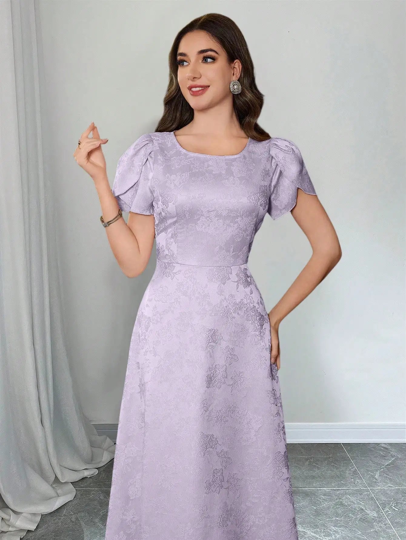 Elegant Round Neck Puff Sleeve Jacquard Floral Dress