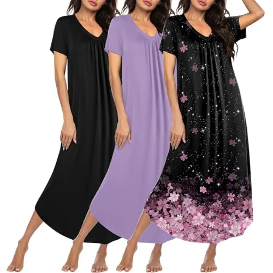 Ekouaer 3 Pack Long Nightgowns for Women Plus Size House Dress Short Sleeve Night Gown V Neck Casual Nightshirt M-5XL