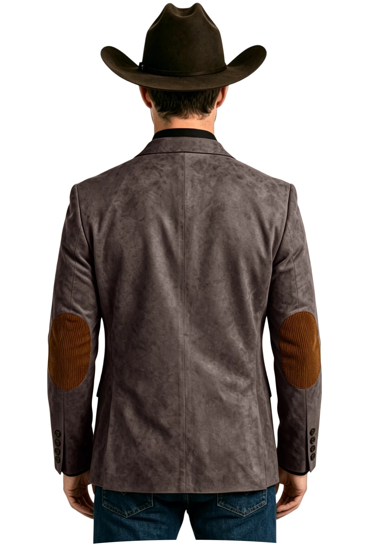 Men's Suede Blazer Western Style Two Button Sport Coat with Elbow Patches Casual Slim Fit Jacket for Business Cowboy Wedding