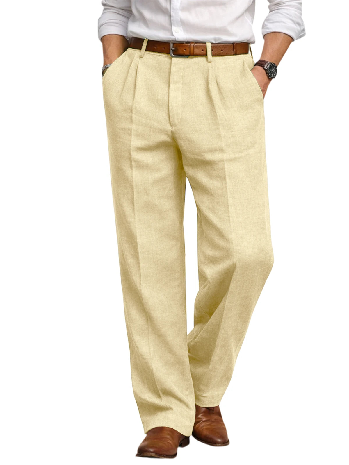 Men's Summer Linen Suit Pants High Waist Pleated Wide Leg Casual Trousers Business Formal  Breathable Loose Fit Straight Pants