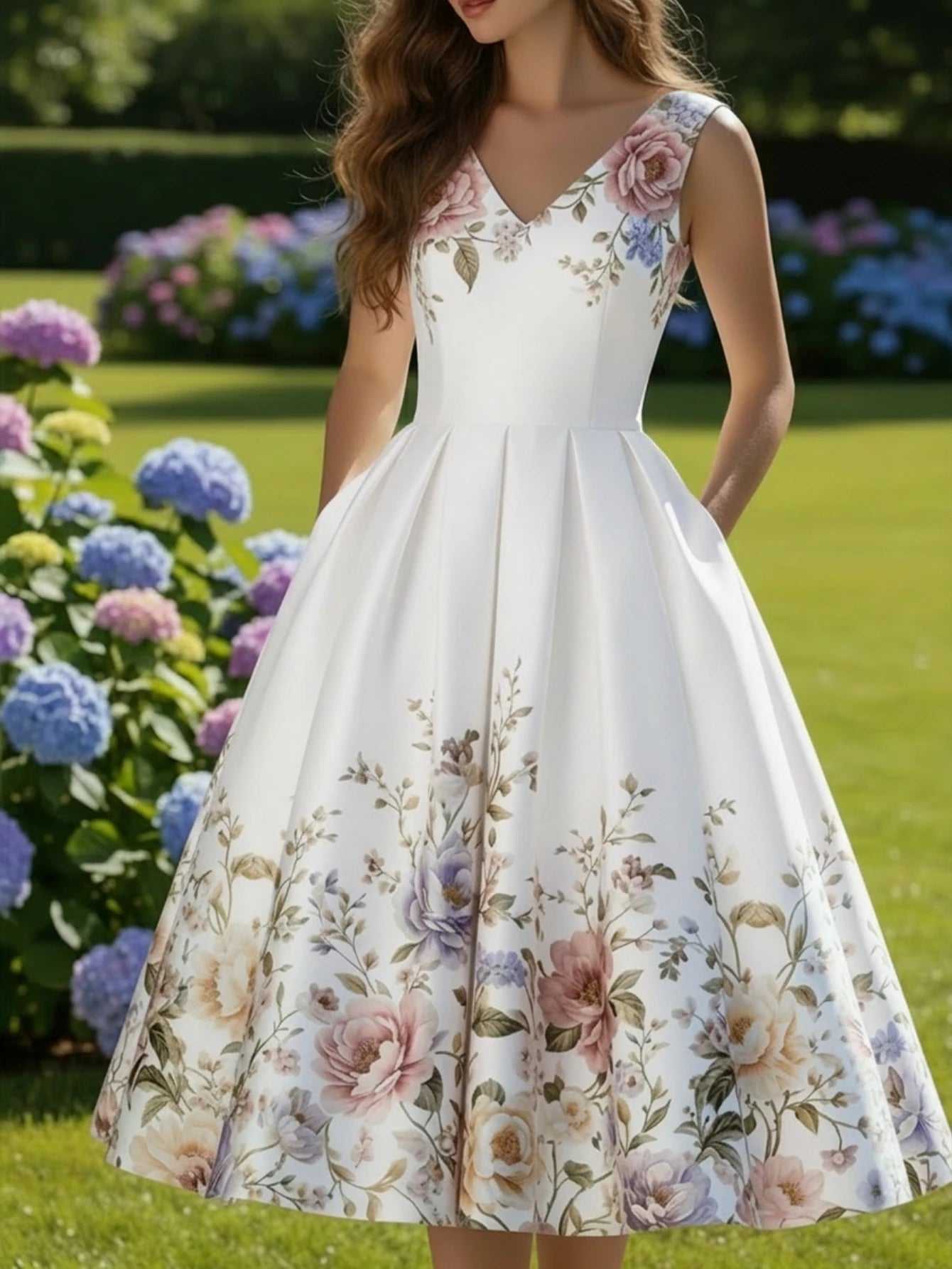 Women's V Neck Sleeveless All Over Floral Print Pleated Swing Midi Dress For Wedding Guest Garden Party Dinner Daily Fashion Occasions