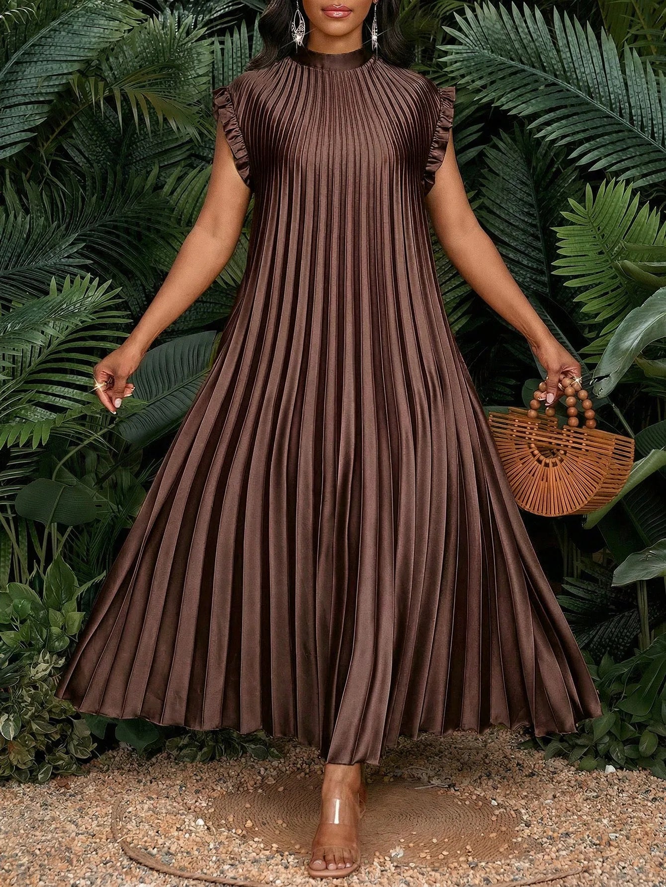 Pleated A-Line Maxi Dress With Stand Collar And Ruffle Cap Sleeves For Party Wedding Beach Event
