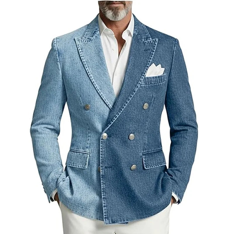 Denim Men's Suit Jacket Double Breasted Peak Lapel Slim Fit Casual Blazer Outing Date Night Trendy Party Fashion Costume Homme