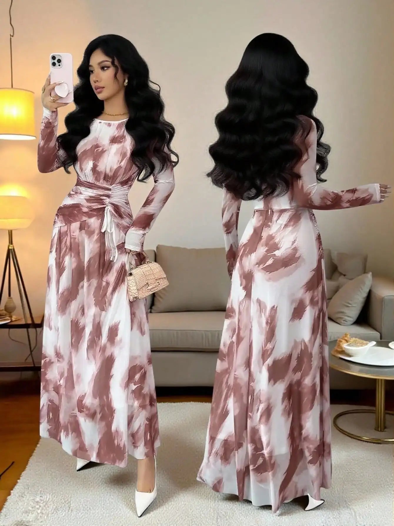 Elegant Floral Print Long Sleeve Maxi Dress With Drawstring Waist
