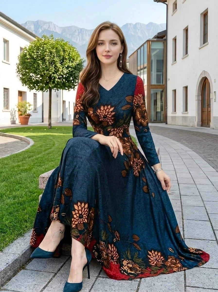 Women's V Neck Long Sleeve Color Block Floral Print Flowy Maxi Dress For Travel Dinner Outdoor Weekend Fashion Occasions