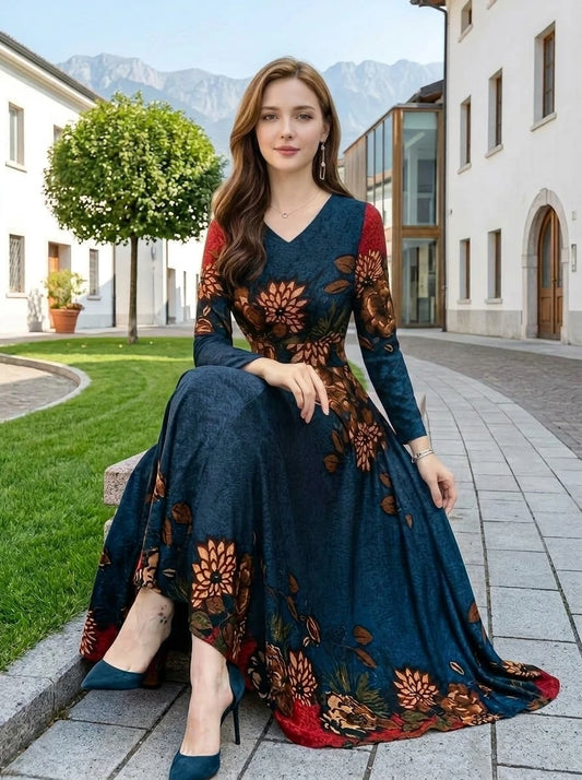 Women's V Neck Long Sleeve Color Block Floral Print Flowy Maxi Dress For Travel Dinner Outdoor Weekend Fashion Occasions