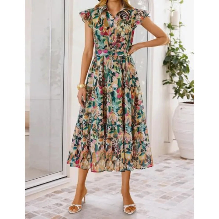 ZESICA Women's Summer Floral Midi Dress 2026 Casual Flutter Short Sleeve Chiffon Button Down Wedding Guest Party Dresses