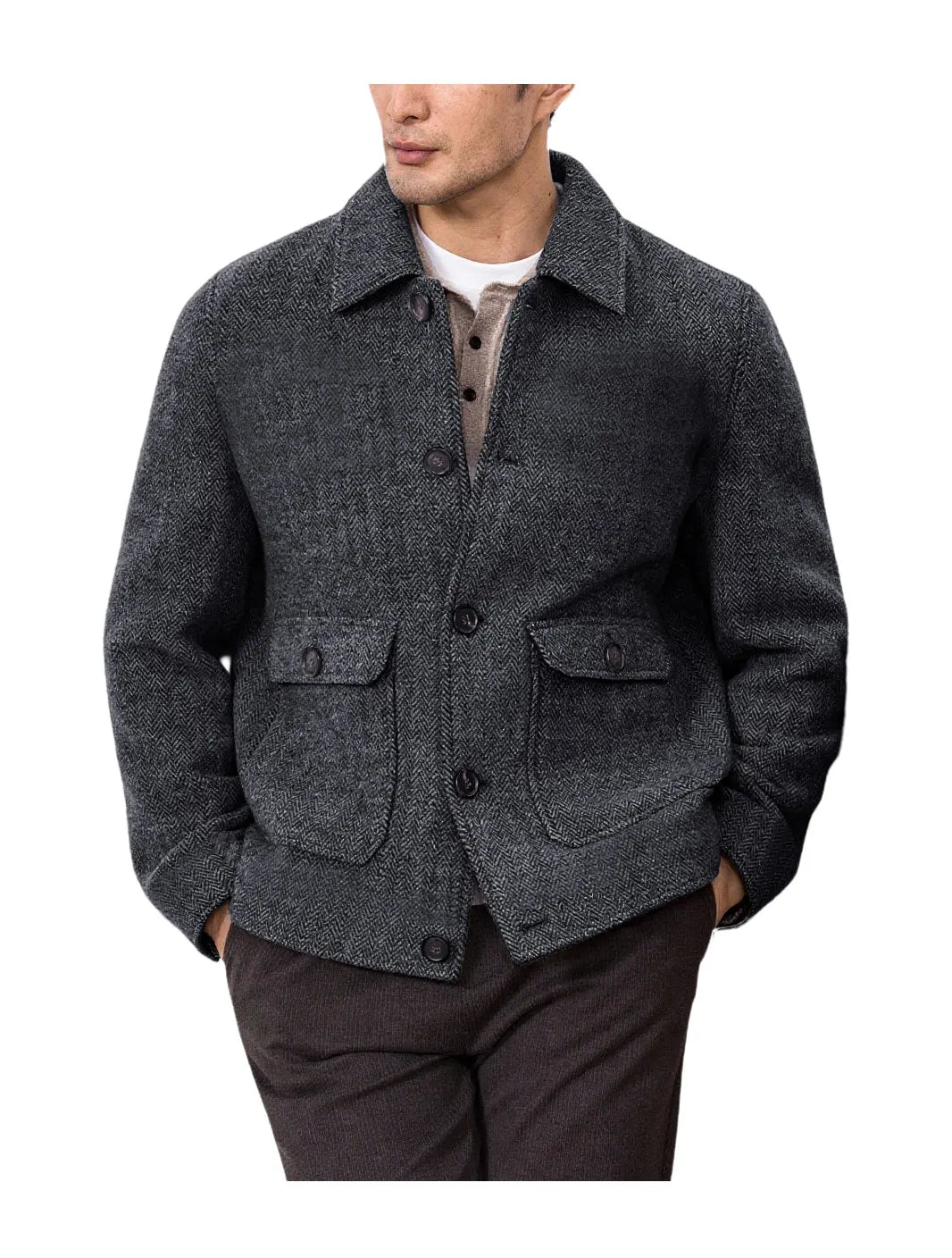 Men Vintage Herringbone Short Lapel Button Jacket Casual Outerwear For Daily Commute Weekend Dating Coffee Street Trip Gathering