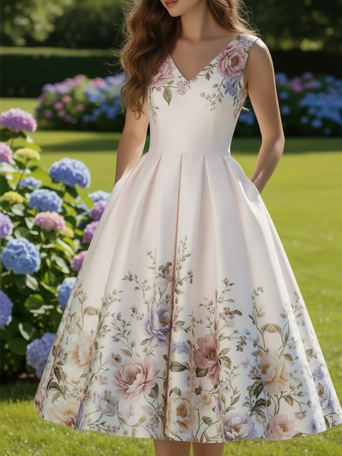 Women's V Neck Sleeveless All Over Floral Print Pleated Swing Midi Dress For Wedding Guest Garden Party Dinner Daily Fashion Occasions